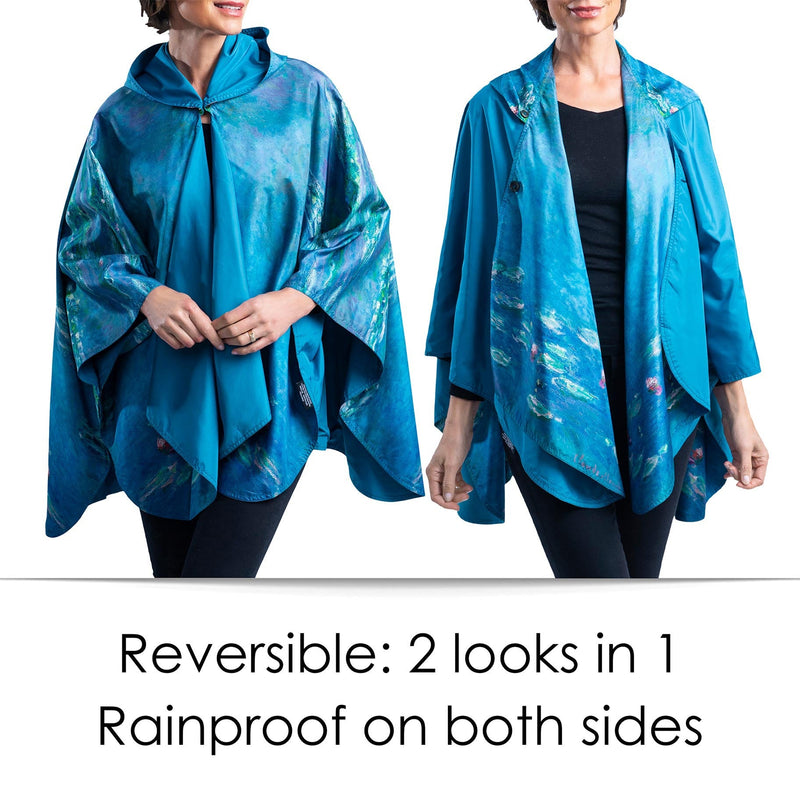 Monet Water Lilies Reversible Rain Cape Poncho – Lightweight Hooded Wrap for Women