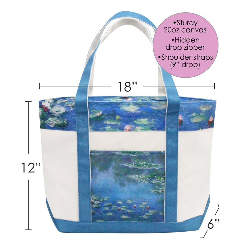 Monet Water Lilies Large Canvas Boat Tote – Zipper Top & Pockets