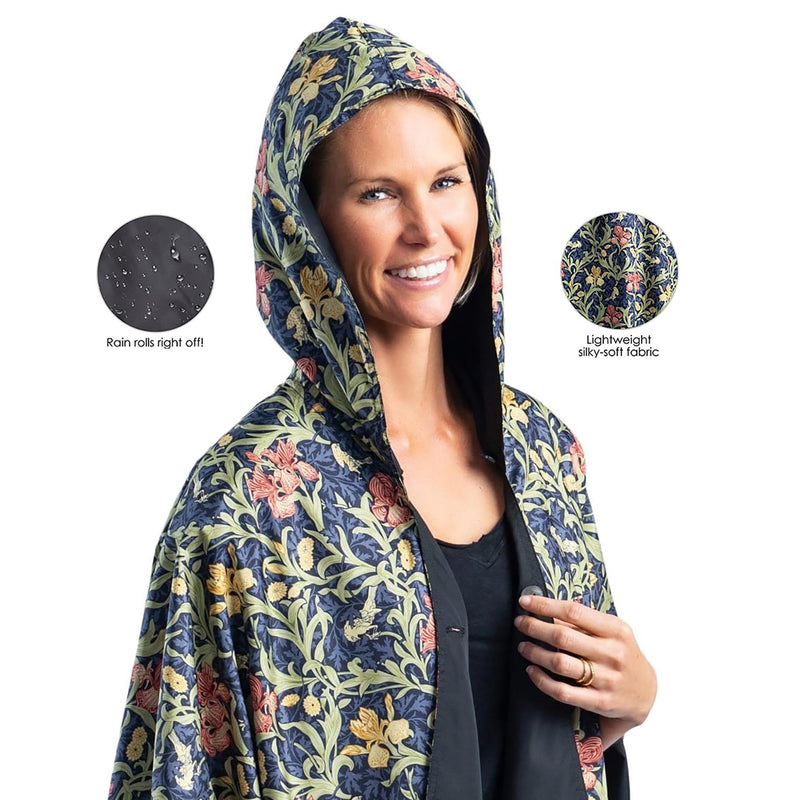 Black & William Morris Golden Flowers Womens Rain Cape - Rainproof Breathable Rain Poncho