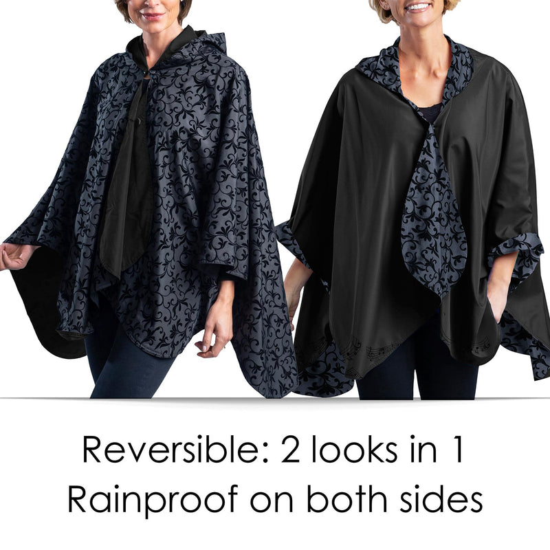 Black with Velvet Swirls Reversible Hooded Rain Cape – Lightweight Women's Wrap