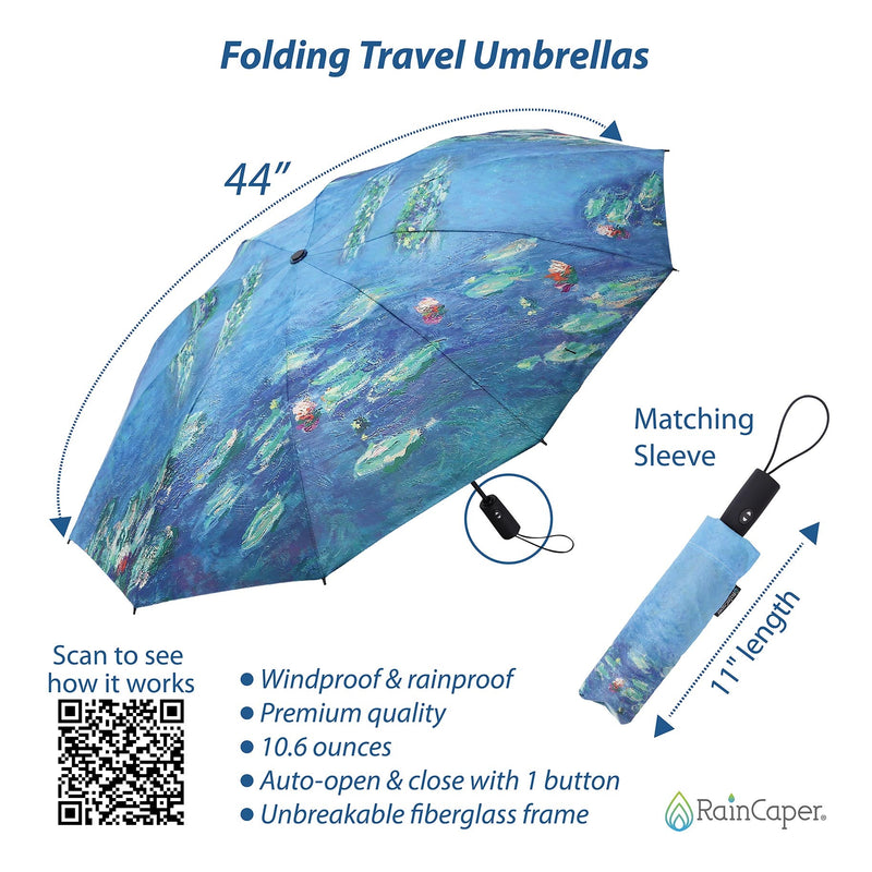 Monet Water Lilies Travel Umbrella – Compact, One-Touch Open & Close