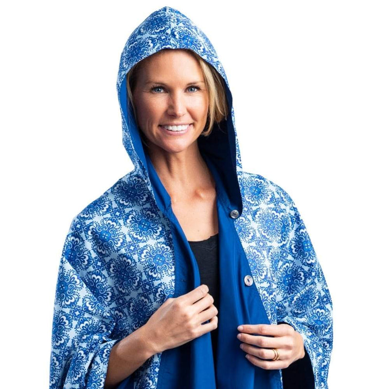 Navy & China Blue Rainproof Hooded Rain Cape – Lightweight Women's Rain Wrap
