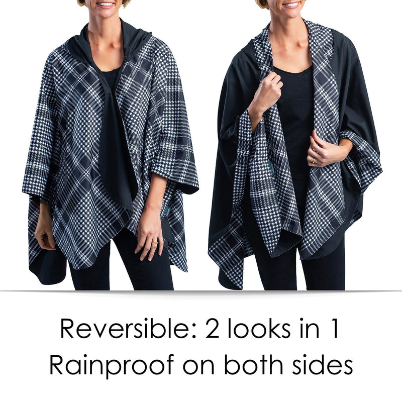 Black & Houndstooth Hooded Rain Cape – Lightweight Women's Rain Wrap