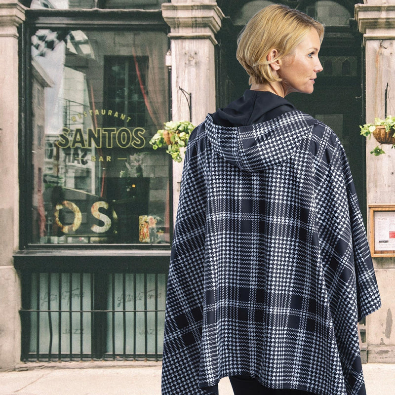 Black & Houndstooth Hooded Rain Cape – Lightweight Women's Rain Wrap