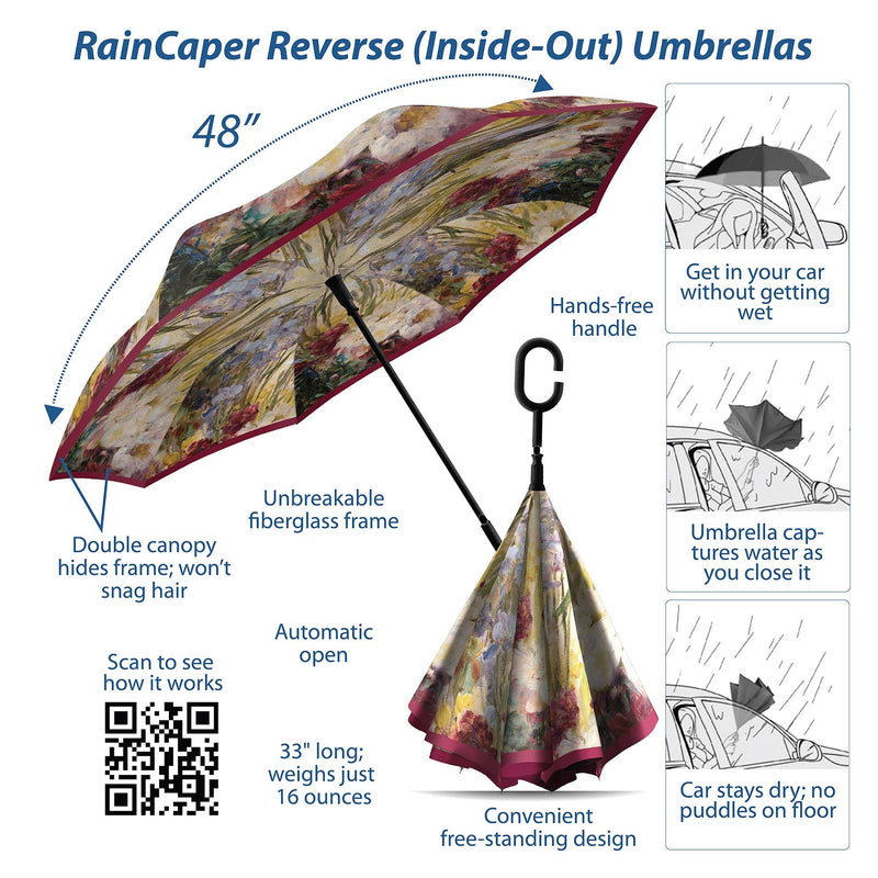 Tiffany Peonies and Iris Reverse Inverted Umbrella – Hands-Free, Windproof Design