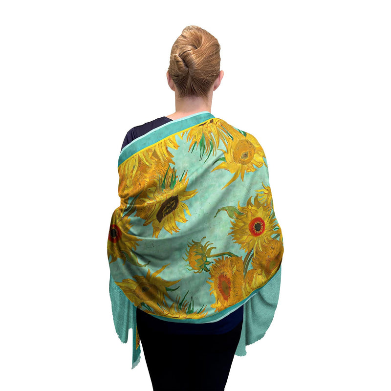 van Gogh Sunflowers Silk Blend Shawl – Lightweight Dressy Wrap for Women