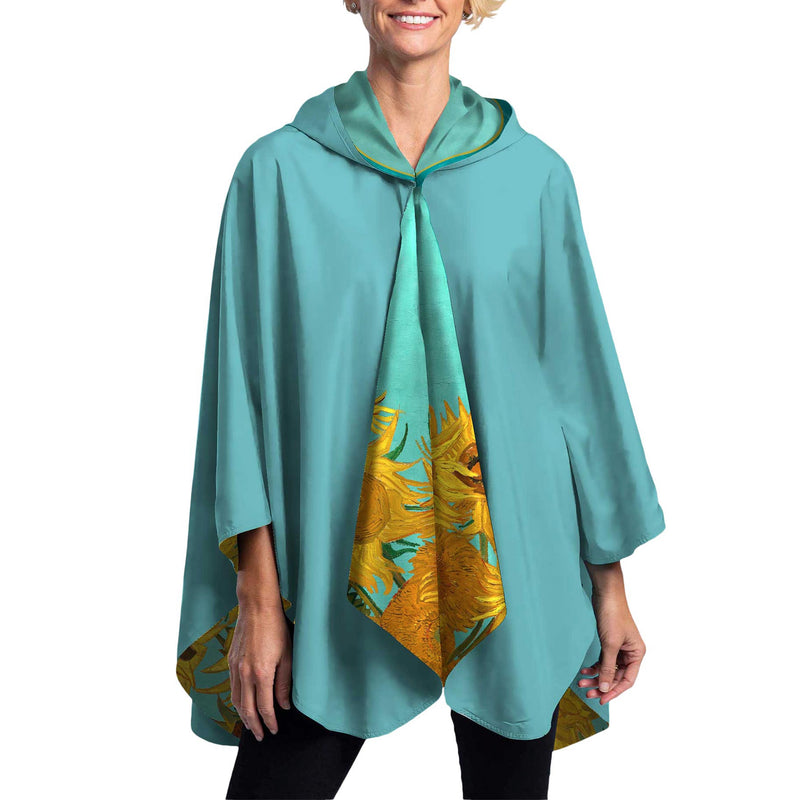 van Gogh Sunflowers Reversible Rain Cape – Lightweight Hooded Wrap for Women