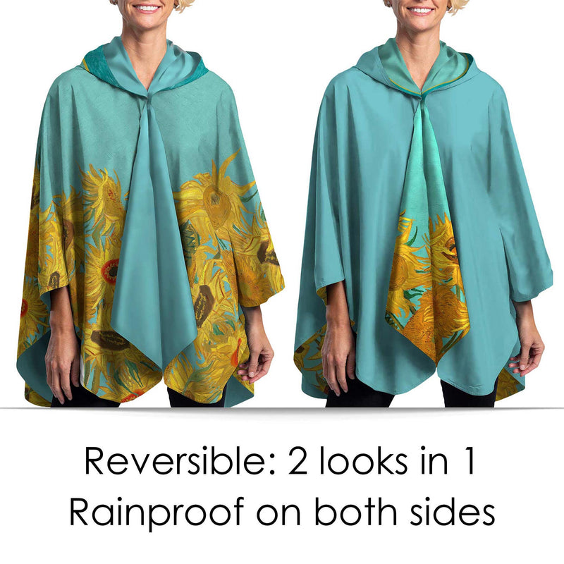 van Gogh Sunflowers Reversible Rain Cape – Lightweight Hooded Wrap for Women