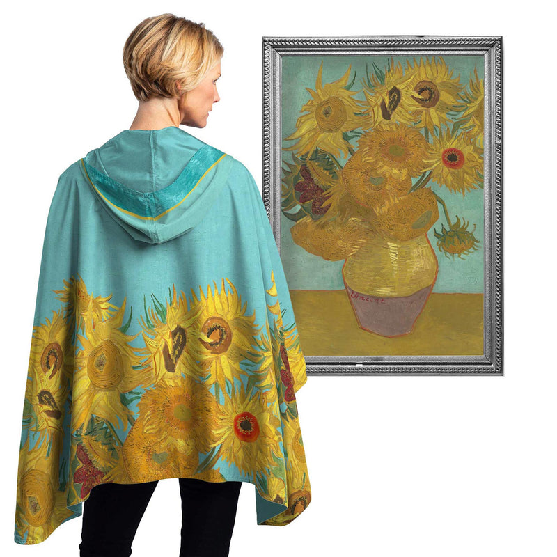 van Gogh Sunflowers Reversible Rain Cape – Lightweight Hooded Wrap for Women
