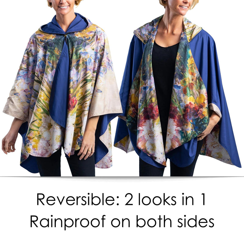 Tiffany Peonies & Iris Reversible Rain Cape – Lightweight Hooded Wrap for Women