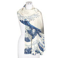 Hokusai "The Great Wave" Silk Blend Shawl – Lightweight Dressy Wrap for Women