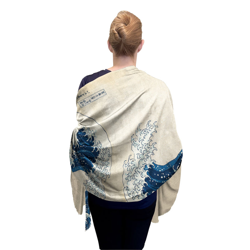 Hokusai "The Great Wave" Silk Blend Shawl – Lightweight Dressy Wrap for Women