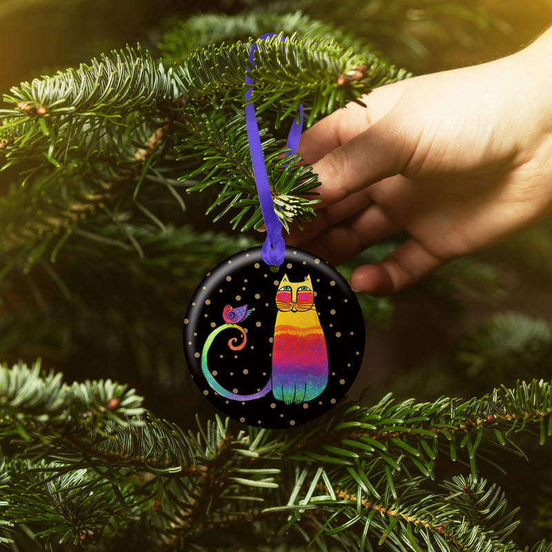 Laurel Burch Rainbow Cat Porcelain Keepsake Ornament – Flat Ceramic, Gift-Ready