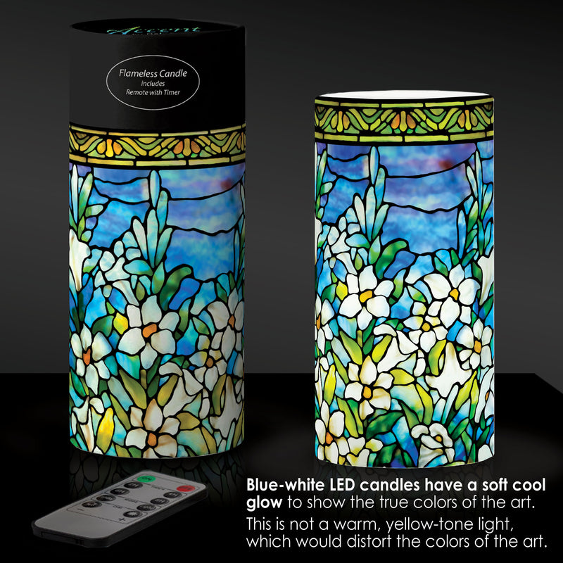 Tiffany Field of Lilies 6"  LED Candle – Battery Operated, Flickering