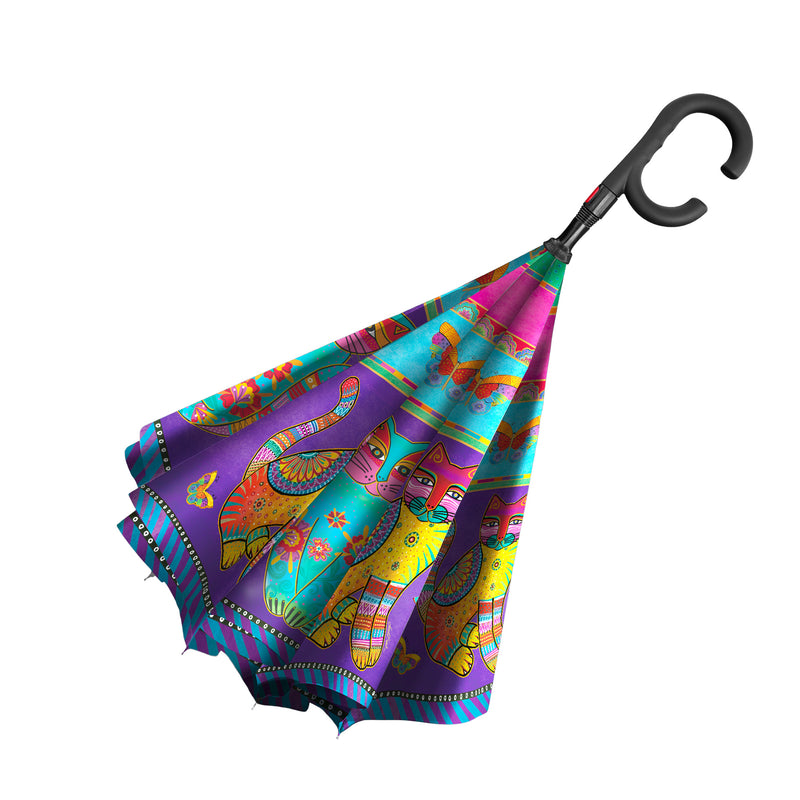 Laurel Burch Cats & Butterflies Reverse Inverted Umbrella – Hands-Free, Windproof Design