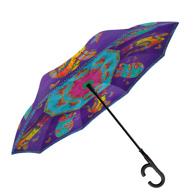 Laurel Burch Cats & Butterflies Reverse Inverted Umbrella – Hands-Free, Windproof Design