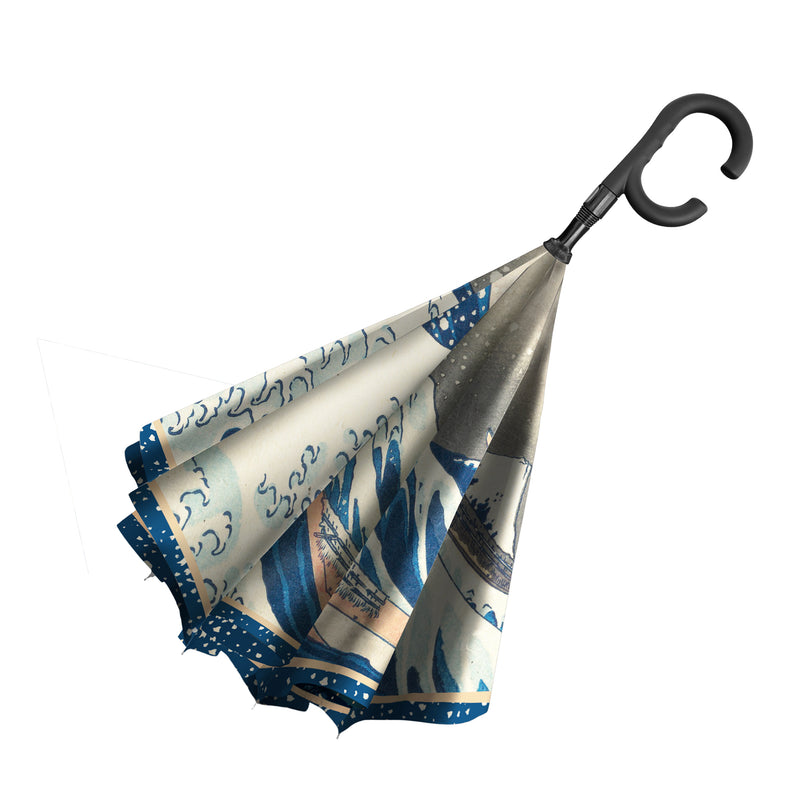 Hokusai "The Great Wave" Reverse Inverted Umbrella –  Windproof, Hands-Free