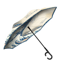 Hokusai "The Great Wave" Reverse Inverted Umbrella –  Windproof, Hands-Free