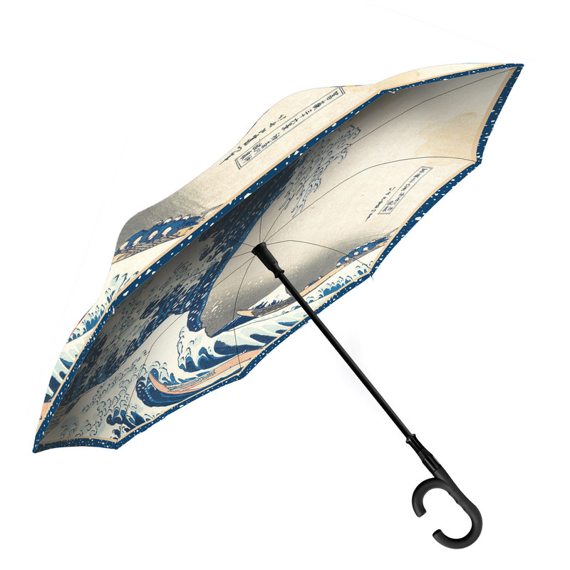 Hokusai "The Great Wave" Reverse Inverted Umbrella –  Windproof, Hands-Free