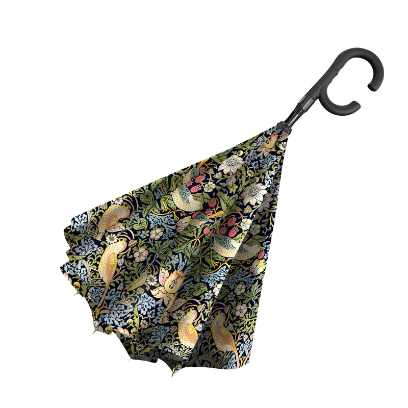 William Morris Strawberry Thief Reverse Inverted Umbrella – Hands-Free, Windproof Design