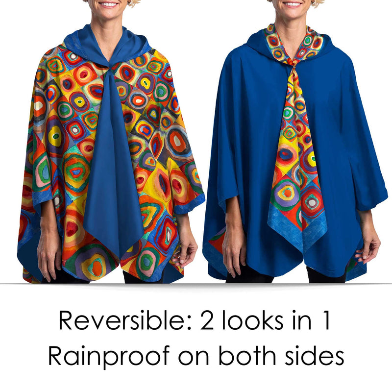 Kandinsky "Circles" Reversible Rain Cape Poncho – Lightweight Hooded Wrap for Women