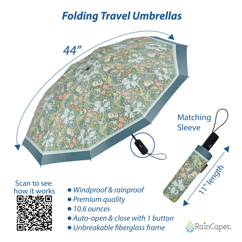 William Morris Golden Lily Travel Umbrella – Compact, One-Touch Open & Close