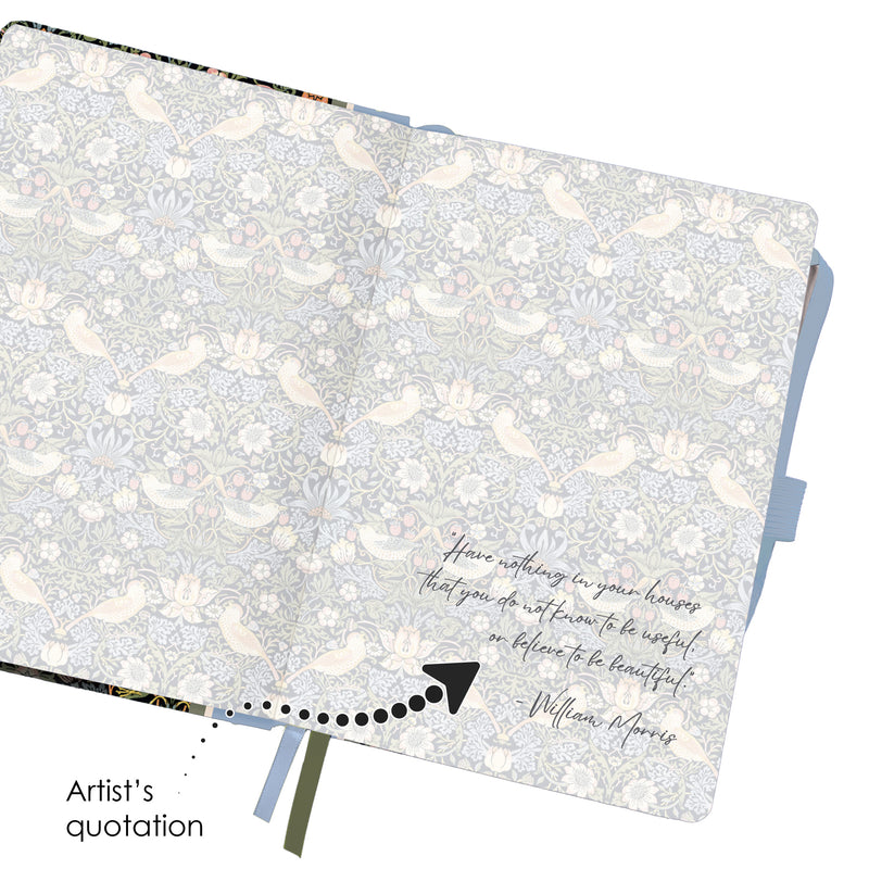 William Morris Strawberry Thief - Dot Grid Journal – Hardcover, Pockets, Ribbon Bookmarks