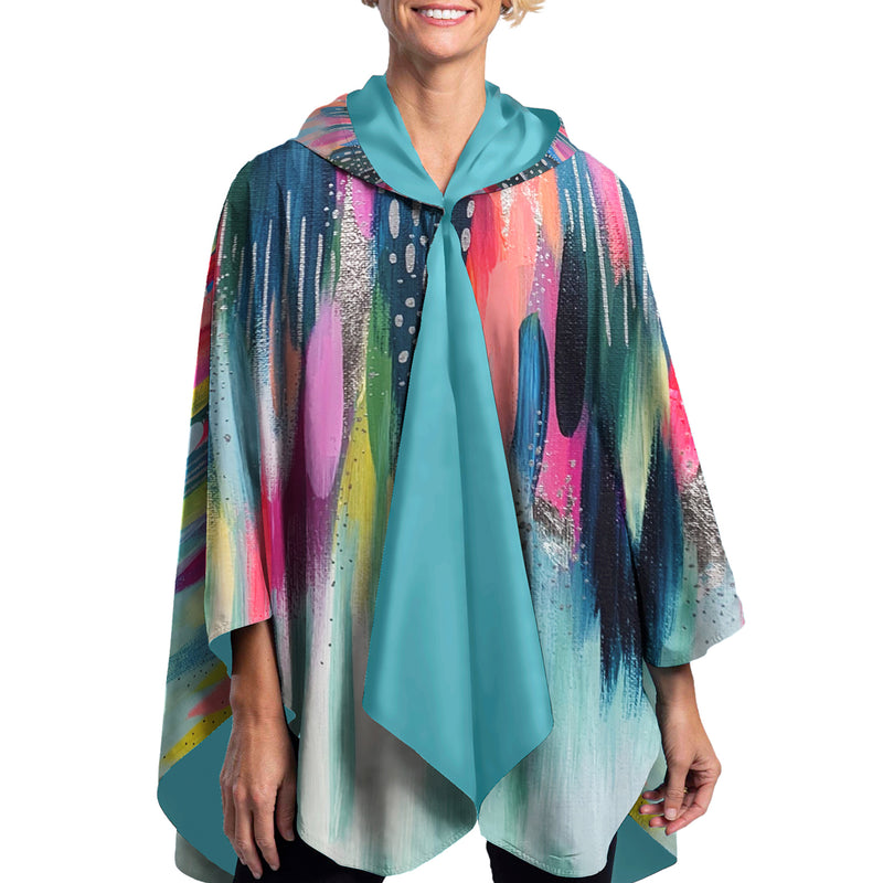 EttaVee "Brush Strokes 103" Reversible Rain Cape – Lightweight Hooded Wrap for Women