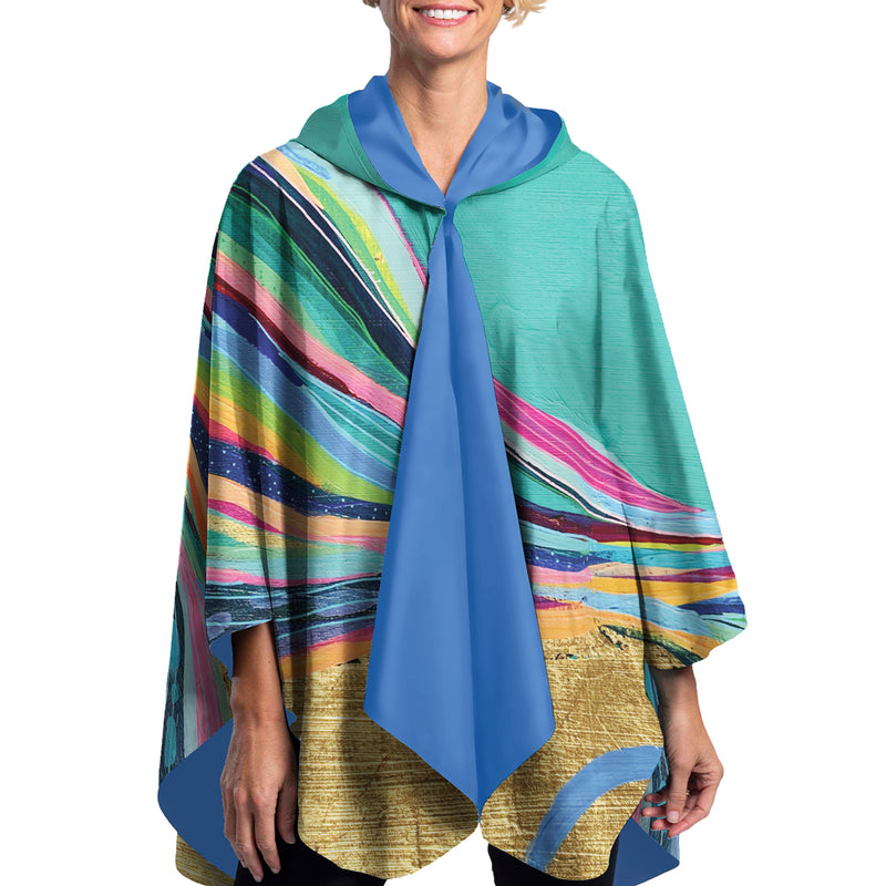 EttaVee "Rainbow Riviera 1" Reversible Rain Cape Poncho – Lightweight Hooded Womens Wrap