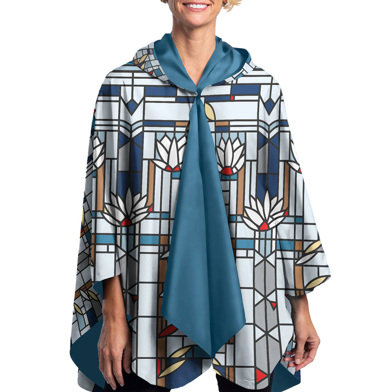 Frank Lloyd Wright Waterlilies Reversible Rain Cape Poncho – Lightweight Hooded Womens Wrap