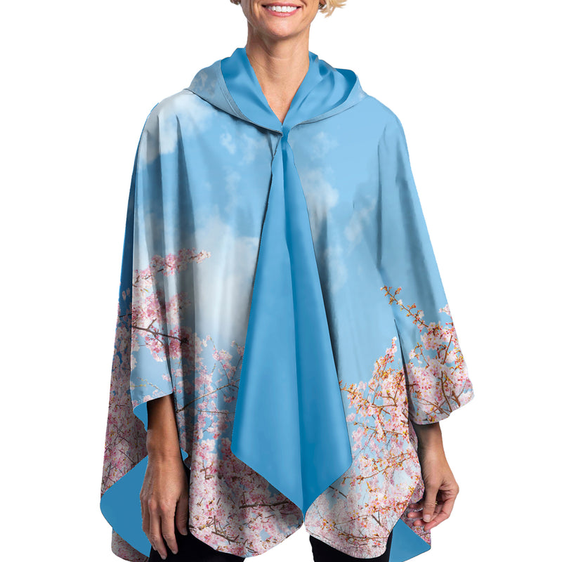 Cherry Blossom Reversible Rain Cape – Lightweight Hooded Poncho Wrap for Women