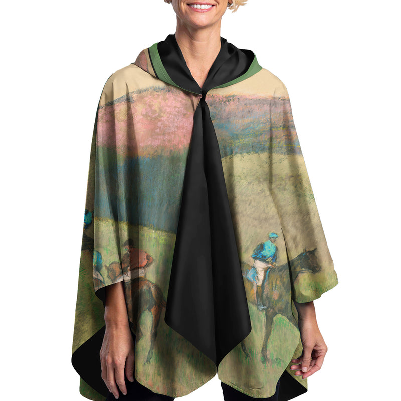 Degas "Racehorses in a Landscape" Reversible Rain Cape – Lightweight Hooded Wrap
