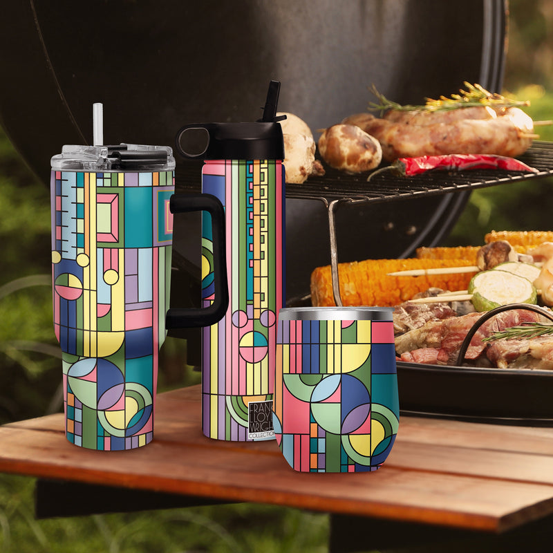 12 oz Stemless Wine Tumbler - Frank Lloyd Wright "Saguaro Forms" - Silver Rim