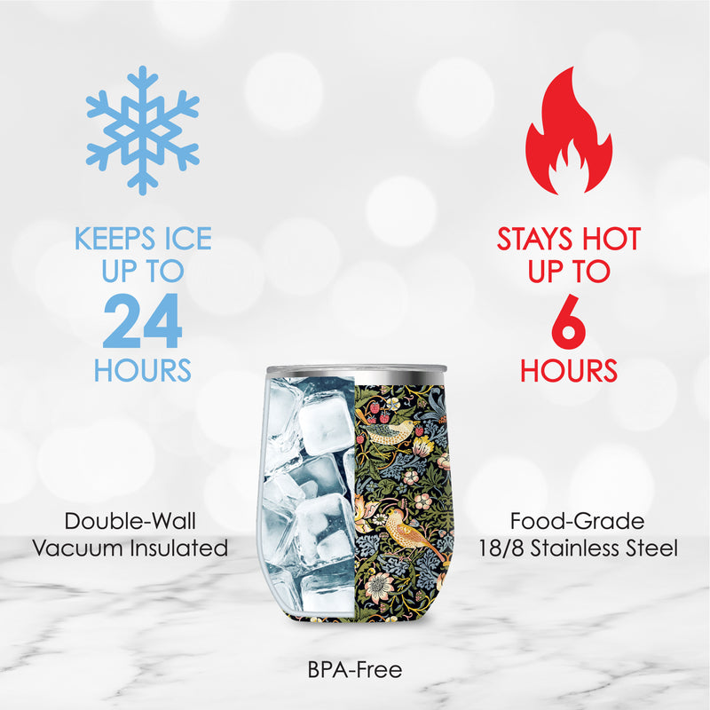 12 oz Stemless Wine Tumbler - William Morris "Strawberry Thief" - Silver Rim