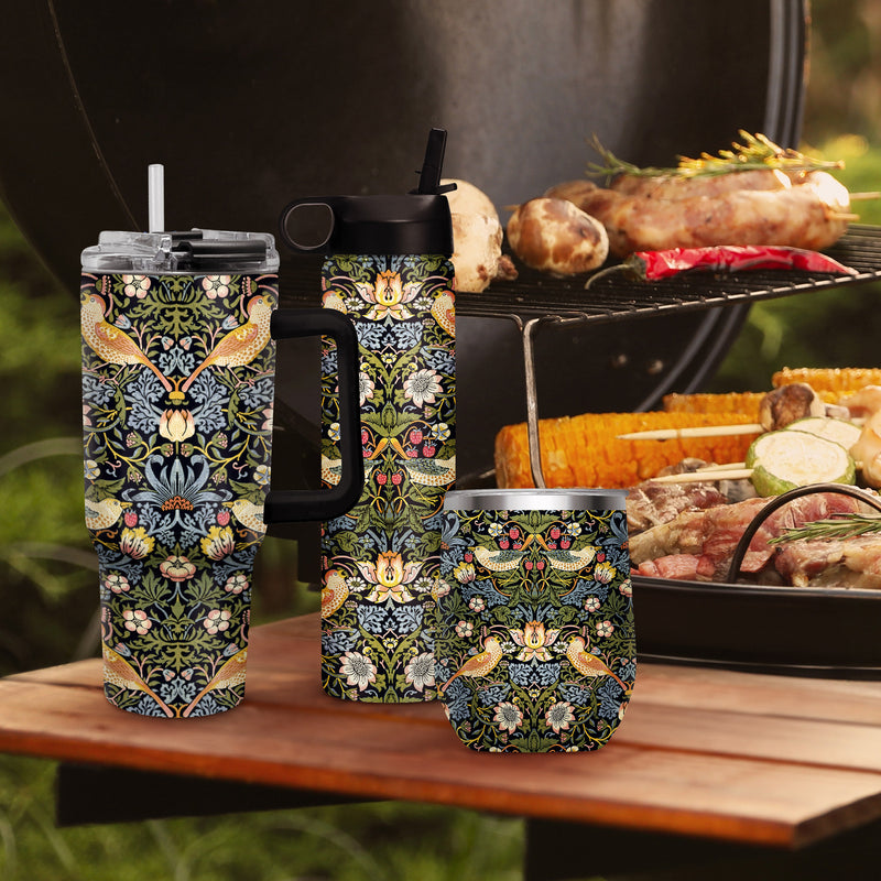 12 oz Stemless Wine Tumbler - William Morris "Strawberry Thief" - Silver Rim