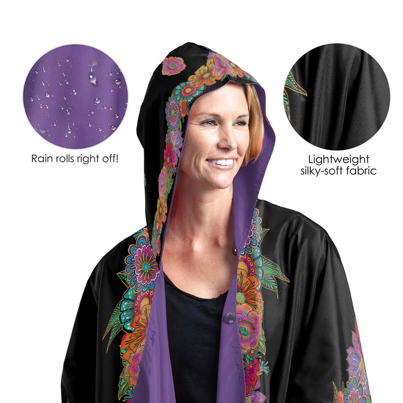 Laurel Burch Blooms Reversible Rain Cape Poncho – Lightweight Hooded Womens Wrap