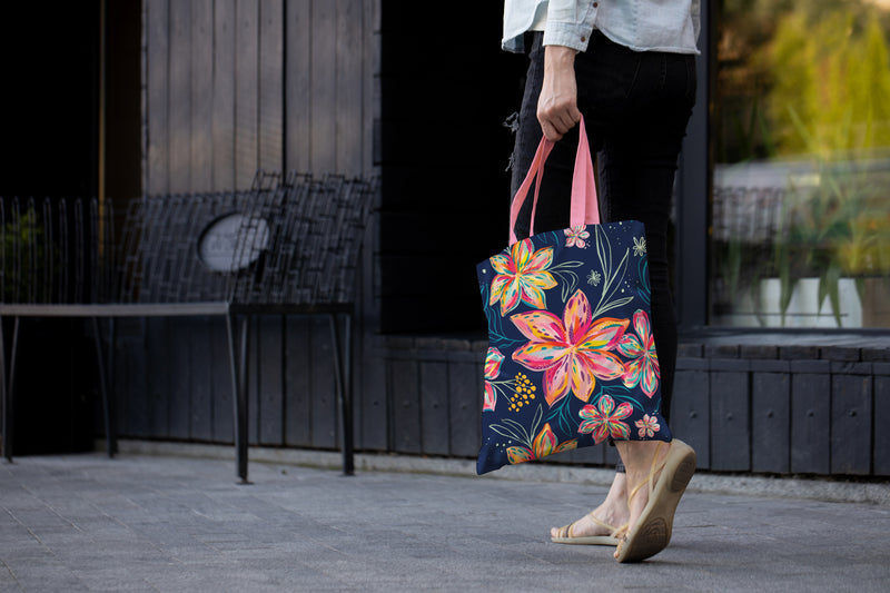 EttaVee Bold Flowers Canvas Magazine Tote – Slim Vertical Tote Bag