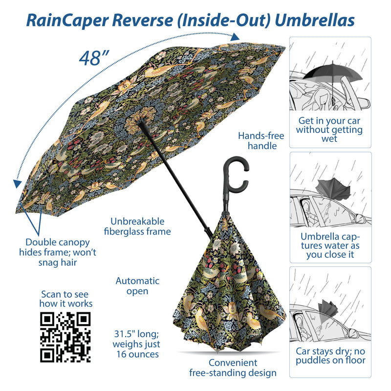 William Morris Strawberry Thief Reverse Inverted Umbrella – Hands-Free, Windproof Design