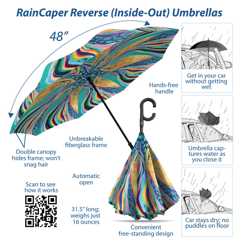 EttaVee "Rainbow Riviera 1" Reverse Inverted Umbrella – Hands-Free, Windproof Design