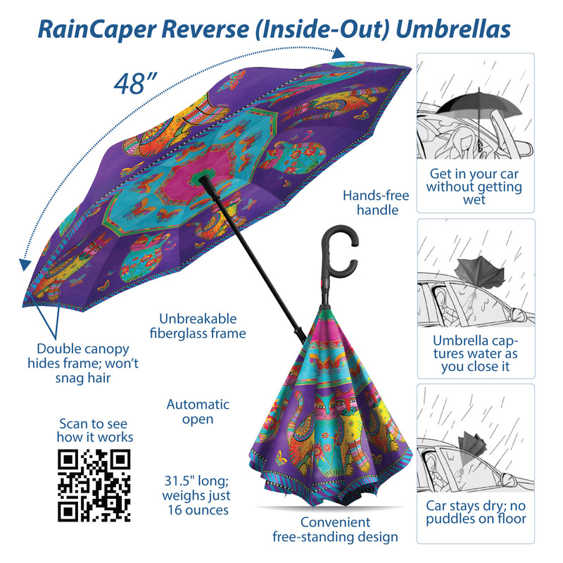 Laurel Burch Cats & Butterflies Reverse Inverted Umbrella – Hands-Free, Windproof Design