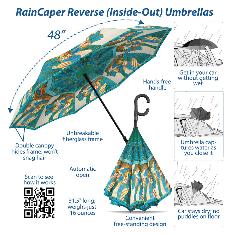 Laurel Burch Sky Mares Reverse Inverted Umbrella – Hands-Free, Windproof Design