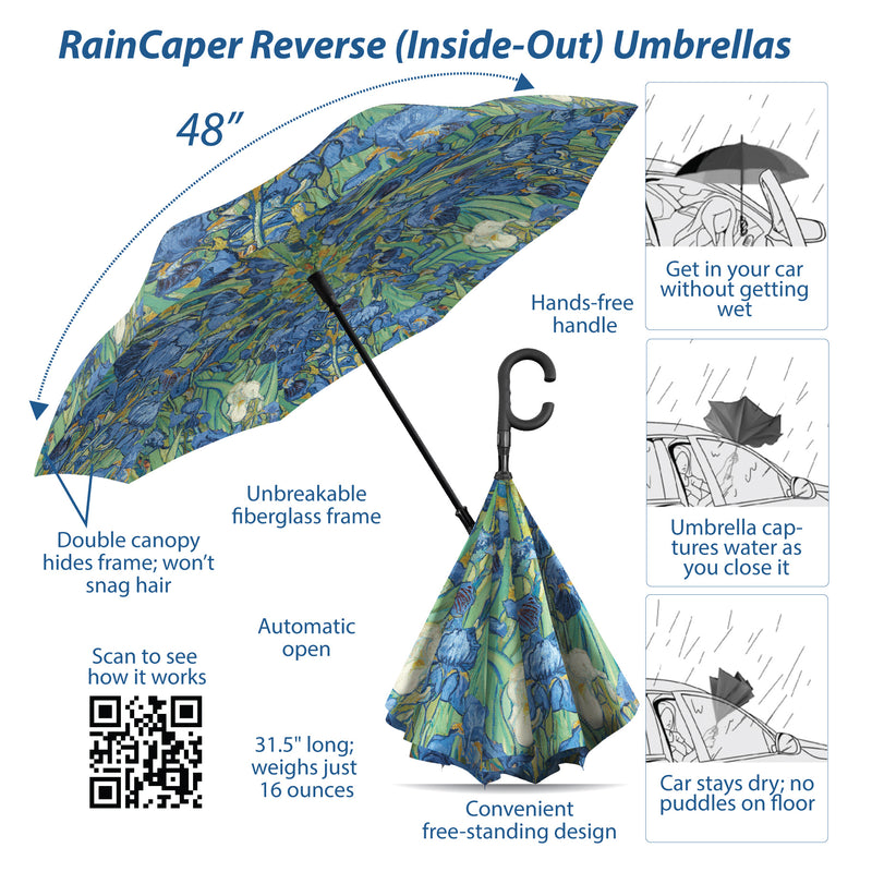 van Gogh Irises Reverse Inverted Umbrella – Hands-Free, Windproof Design