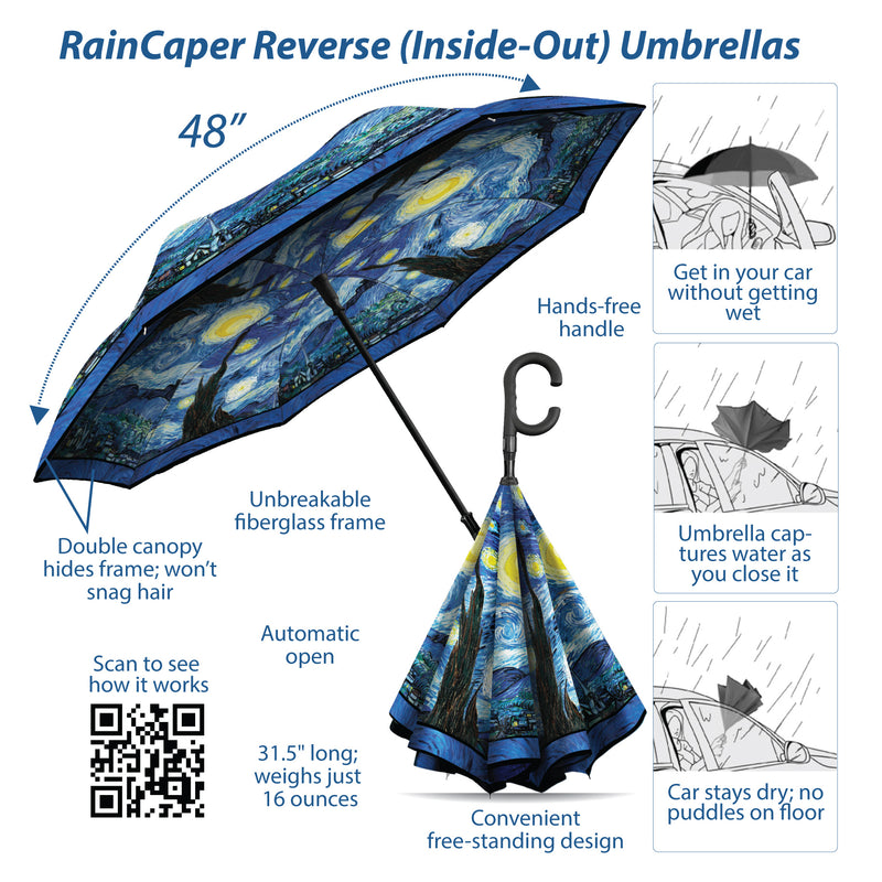 van Gogh Starry Night Reverse Inverted Umbrella – Hands-Free, Windproof Design