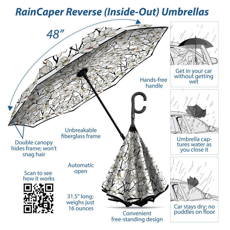 Tiffany Magnolia Reverse Inverted Umbrella – Hands-Free, Windproof Design