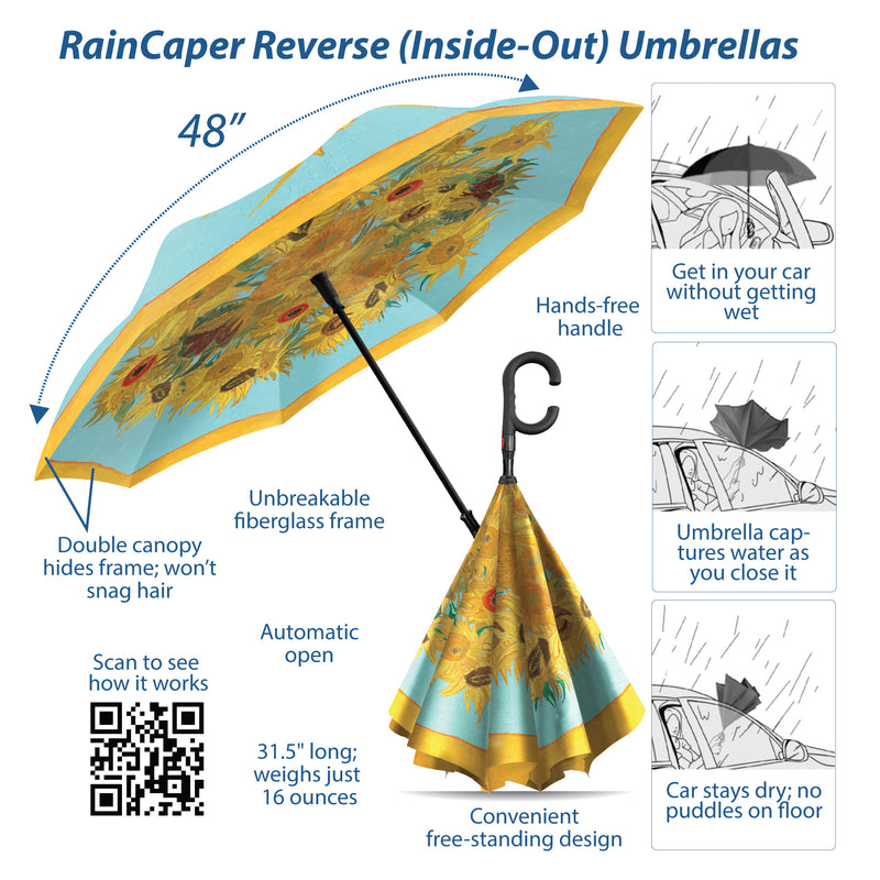 van Gogh Sunflowers Reverse Inverted Umbrella – Hands-Free, Windproof Design