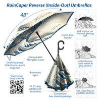Hokusai "The Great Wave" Reverse Inverted Umbrella –  Windproof, Hands-Free