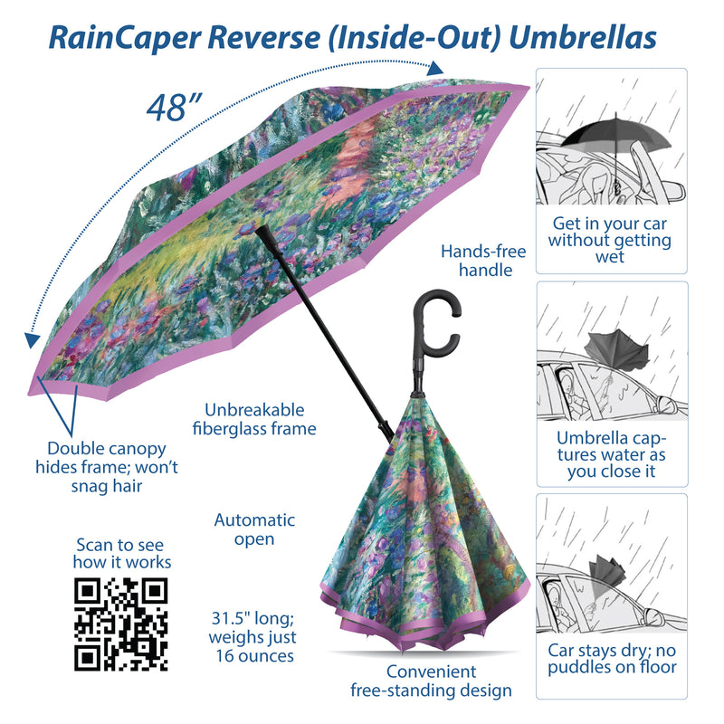 Monet Gardens at Giverny Reverse Inverted Umbrella – Hands-Free, Windproof Design