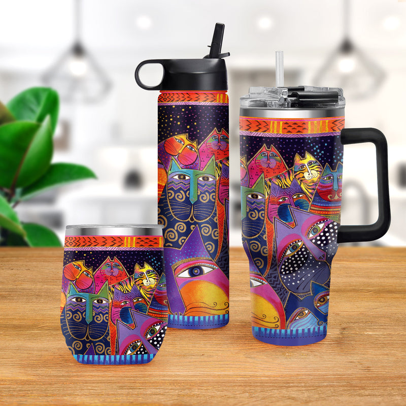 12 oz Stemless Wine Tumbler - Laurel Burch "Fantasticats" - Silver Rim