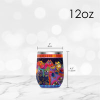 12 oz Stemless Wine Tumbler - Laurel Burch "Fantasticats" - Silver Rim