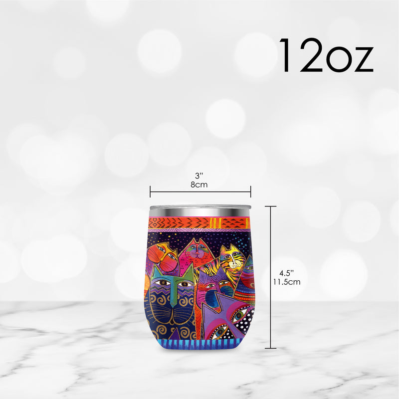 12 oz Stemless Wine Tumbler - Laurel Burch "Fantasticats" - Silver Rim